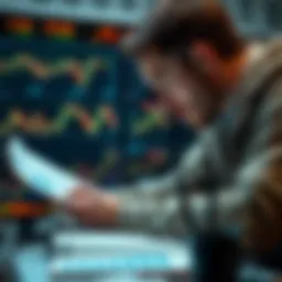 A trader analyzing charts and notes in a journal